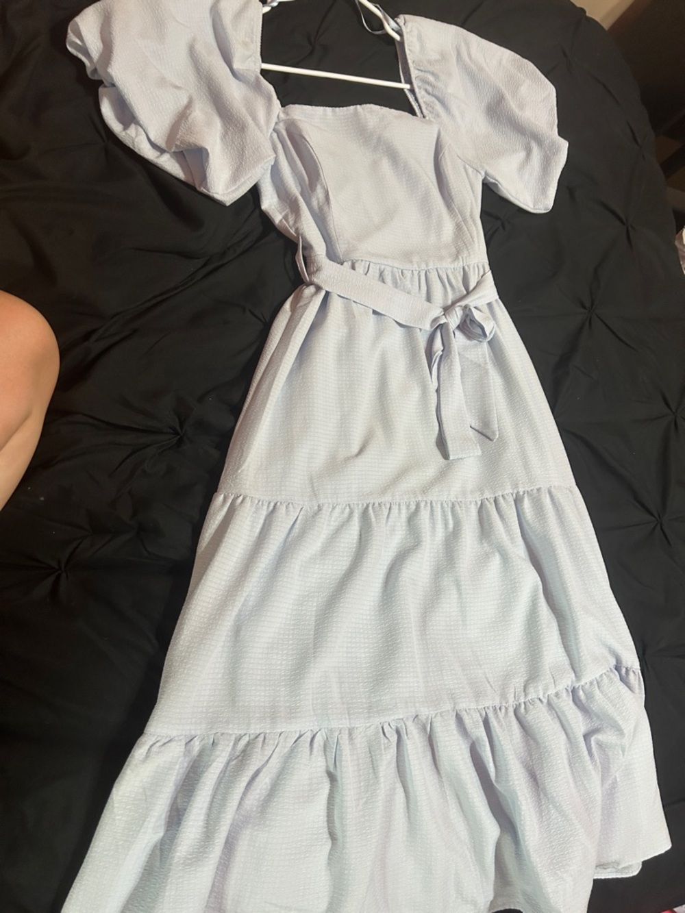 JuJu Light Blue Puff-Sleeve Tiered Maxi Dress with Waist Tie
